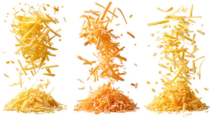 Falling grated cheese. Cheese shavings falls into cheese heap, delicious cheese for cooking isolated set on transparent background. Cut out grated cheese collection