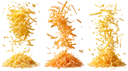Falling grated cheese. Cheese shavings falls into cheese heap, delicious cheese for cooking isolated set on transparent background. Cut out grated cheese collection