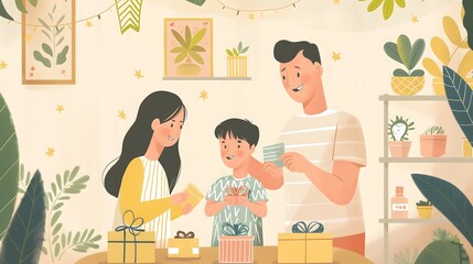 10. See a heartwarming illustration of Father's Day celebrations, with families expressing their gratitude through handmade cards, gifts, and acts of kindness, accompanied by text space to convey