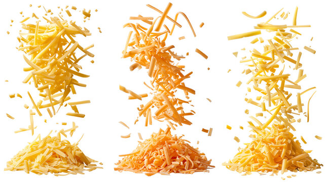 Falling grated cheese. Cheese shavings falls into cheese heap, delicious cheese for cooking isolated set on transparent background. Cut out grated cheese collection