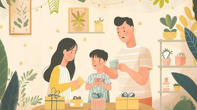 10. See a heartwarming illustration of Father's Day celebrations, with families expressing their gratitude through handmade cards, gifts, and acts of kindness, accompanied by text space to convey