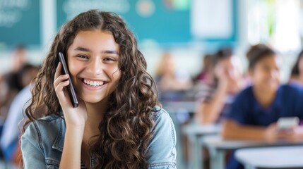 beautiful TEENAGER with a cell phone in classroom