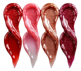 Lipgloss swatches. Smudge lipstick strokes, red, pink and purple lipgloss textures isolated on transparent background. Cut out makeup swatches