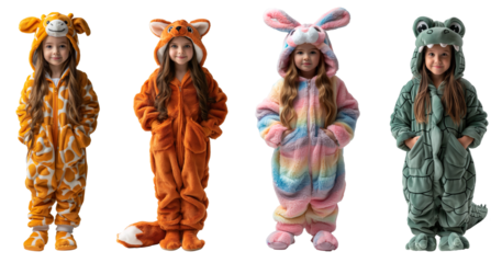 Little girls wearing kigurumi costumes. Cute kids in fluffy animal themed onesies, children in bunny, fox, giraffe and crocodile kigurumi onesie isolated on transparent background. Cut out girls