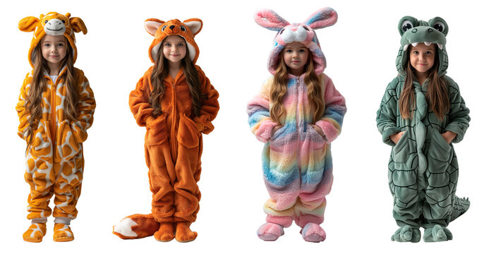 Little girls wearing kigurumi costumes. Cute kids in fluffy animal themed onesies, children in bunny, fox, giraffe and crocodile kigurumi onesie isolated on transparent background. Cut out girls