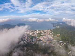 Aerial view clouds over mountains in Phuket Thailand