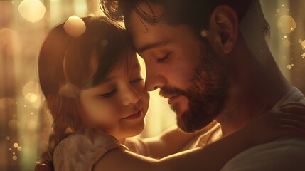 1. Visualize a heartwarming image celebrating Father's Day, with a father and child sharing a tender moment together, accompanied by text space to convey appreciation and love.