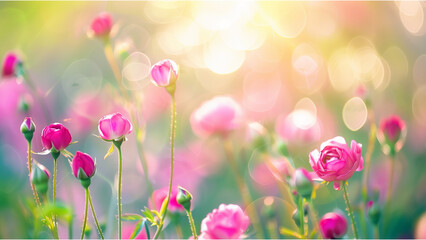 pink flowers in the garden, Beautiful meadow of rosebud flowers