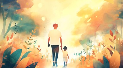 4. Envision a touching image portraying the role of fathers as mentors and role models, with a father guiding and supporting his child through life's journey, surrounded by symbols of wisdom and