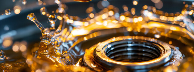 Close-up view of a metal bearing with dynamic oil splashes, symbolizing machinery lubrication and maintenance