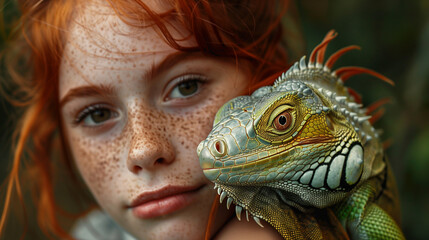 Fototapeta premium green iguana on the shoulder of a wild red-haired, freckled girl with disheveled hair