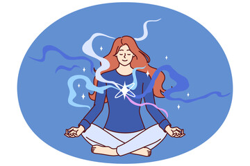 Concentrated woman meditating with closed eyes sitting cross-legged on floor and doing yoga lotus pose. Girl does yoga enjoying spiritual practices that open chakras and attract harmony