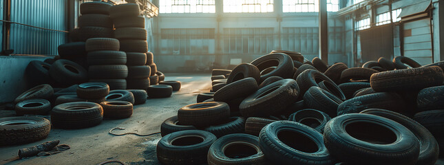 Obraz premium Piles of car tires in factory storage area. Concept Industrial Waste Management, Recycling Practices, Synthetic Rubber Production, Tire Manufacturing