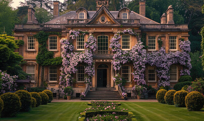 London estate garden view of a georgian villa from 18th century, lilac-coloured wisteria draped...
