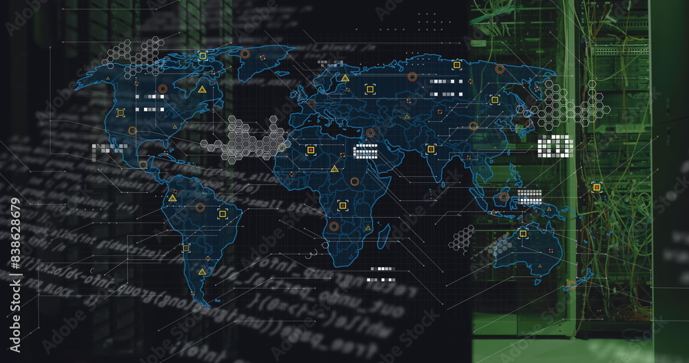 Poster image of data processing and world map over server room