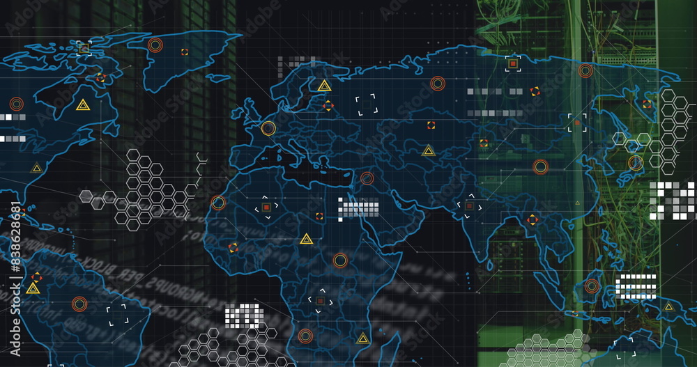 Poster image of data processing and world map over server room