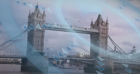 Image of financial data processing over london cityscape