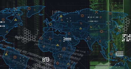 Image of data processing and world map over server room