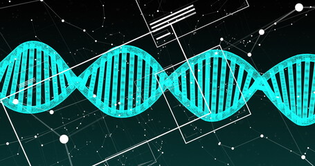 Image of spinning dna structure, network of connections and interface with data processing