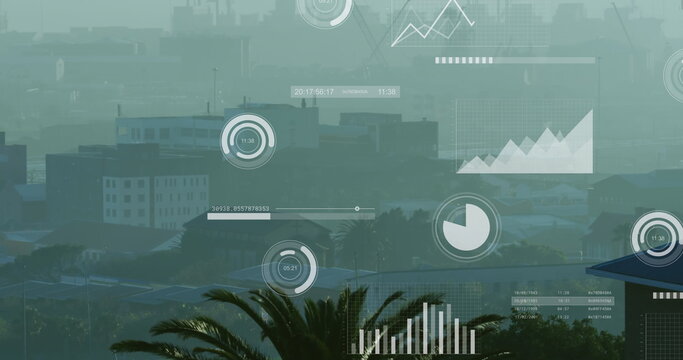 Image of financial data processing over cityscape