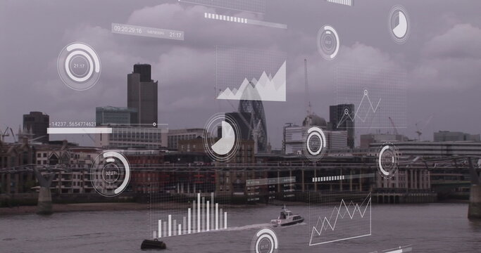Image of financial data processing over london cityscape