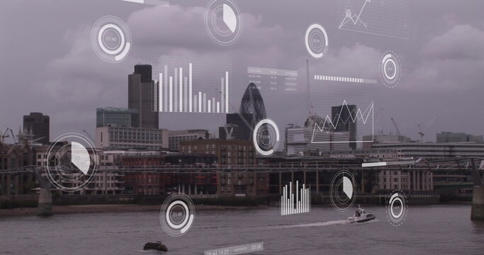 Image of financial data processing over london cityscape