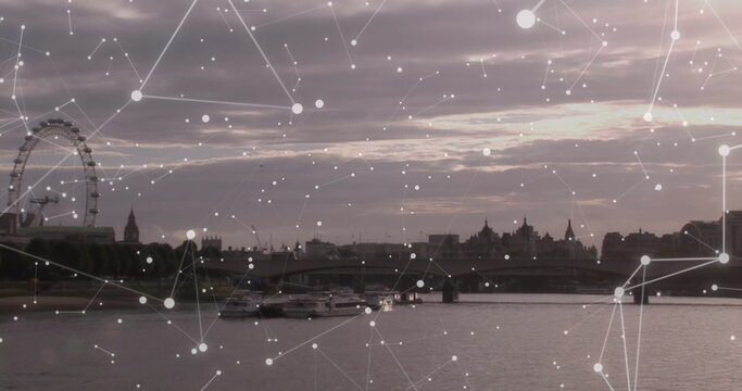 Fototapeta Image of financial data processing over london cityscape