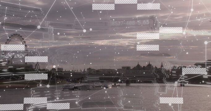 Image of financial data processing over london cityscape