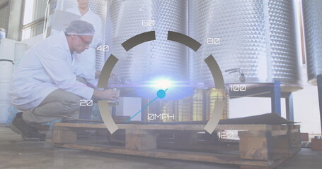 Image of speedometer data processing on caucasian male and female scientists working at factory