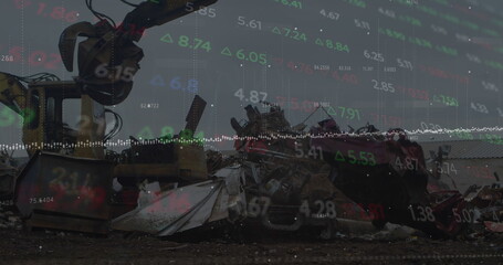 Image of stock market data processing against hydraulic lifting machine operating at junkyard