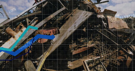 Image of stock market data processing against hydraulic lifting machine operating at junkyard