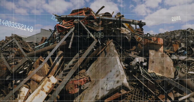 Image of stock market data processing against hydraulic lifting machine operating at junkyard