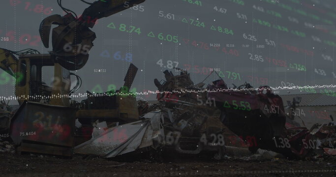 Image of stock market data processing against hydraulic lifting machine operating at junkyard - Powered by Adobe