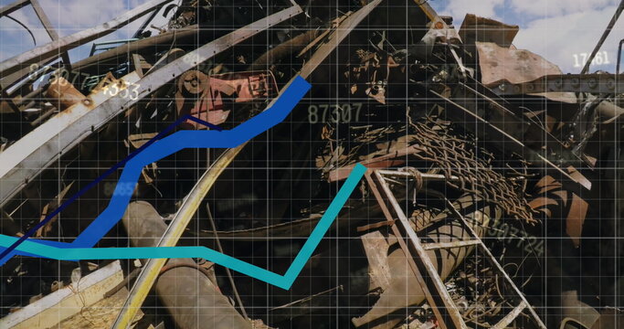 Image of stock market data processing against hydraulic lifting machine operating at junkyard - Powered by Adobe