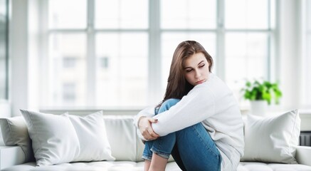 Thoughtful worried girl sits at home