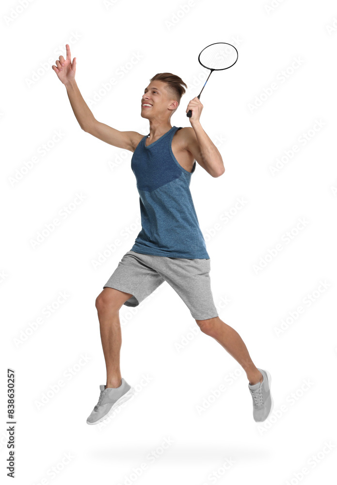 Sticker Young man playing badminton with racket on white background