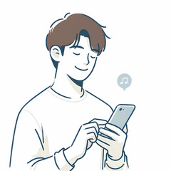 スマートフォンを使って楽しんでいる一人の若い男性のイラスト
