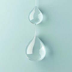 Fototapeta premium Minimalist image of two suspended water droplets creating calm and serenity against a light blue background.