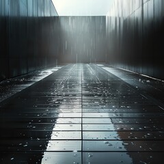 Modern architecture with a wet, reflective pathway creating a moody atmosphere. Light breaking through the mist enhances the dramatic effect.