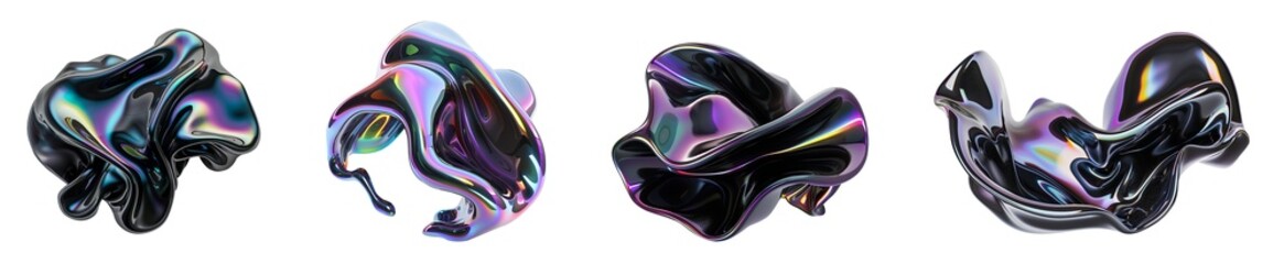 Set of 3D holographic abstract with dark colors liquid fluid shape gradients elements design, isolated on white background, png