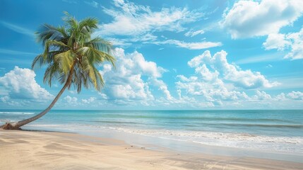 Beautiful Sandy Beach with Coconut palm tree sticking into the sea and bright blue sky with cloudscape