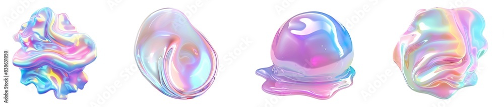 Poster set of 3d iridescent holographic liquid fluid shape blob with colorful pastel gradients elements des