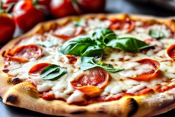 pizza with salami and tomatoes