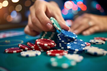 Hand with casino chips on gaming table.