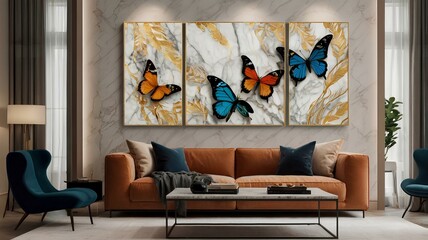 Luxurious marble background decorated with delicate patterns of feathers, flowers and butterflies.