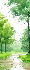 Serene watercolor painting depicting a tranquil forest path during a gentle rainfall, evoking peace and natural beauty.