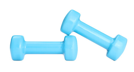 Light blue dumbbells isolated on white. Sports equipment