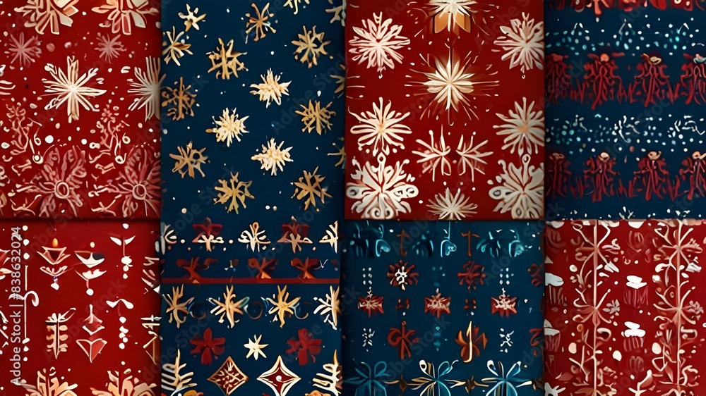Aufkleber vector illustration set of winter patterns. collection of red and white, golden and blue seamless ba