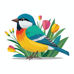 Spring bird. Beautiful birdie sits on branch. Colored flat vector illustration isolated on white background.