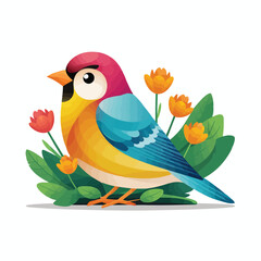 Spring bird. Beautiful birdie sits on branch. Colored flat vector illustration isolated on white background.